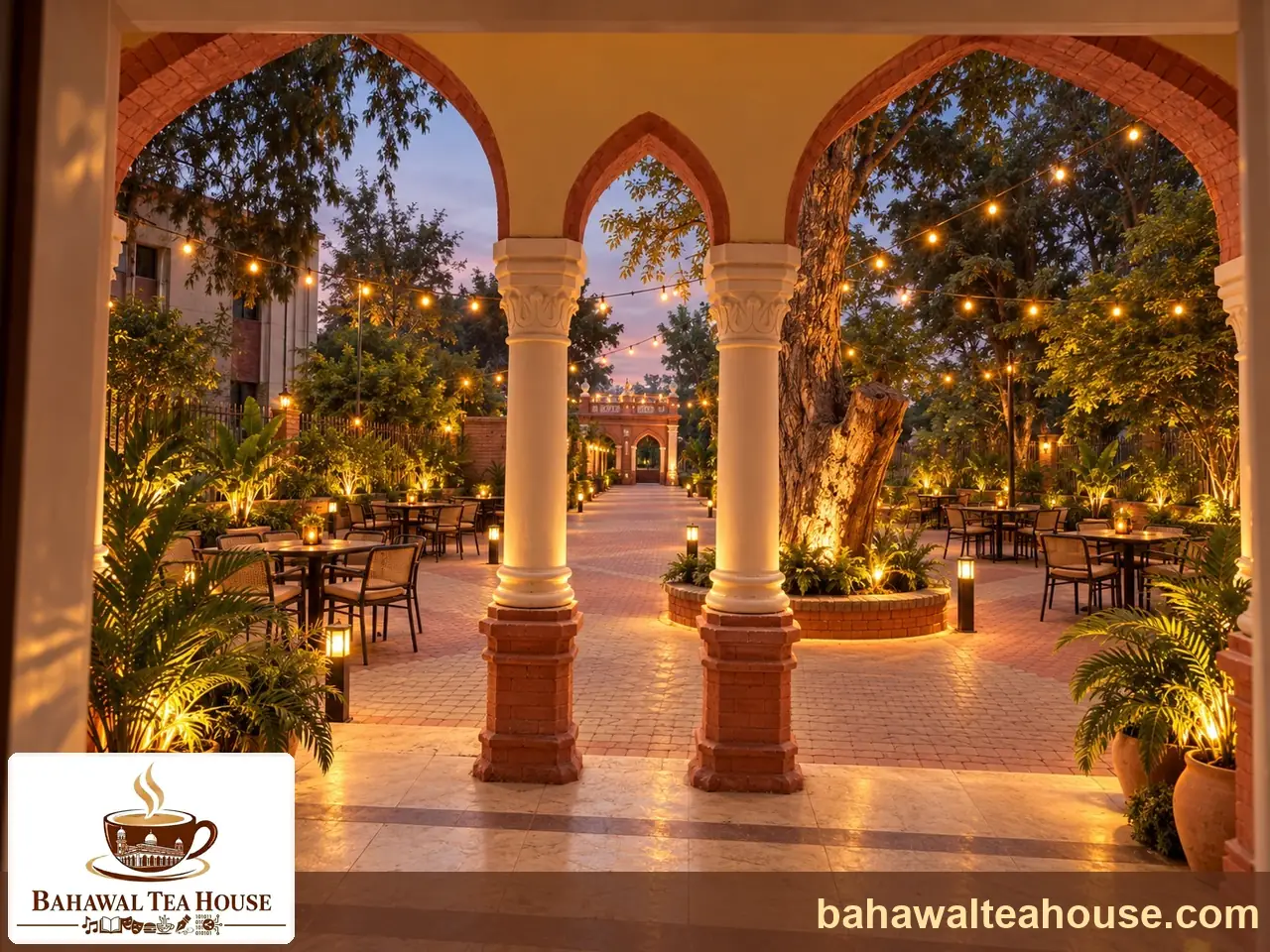 Concept impression of the arched courtyard seating of Bahawal Tea House lit by evening lights, Bahawalpur