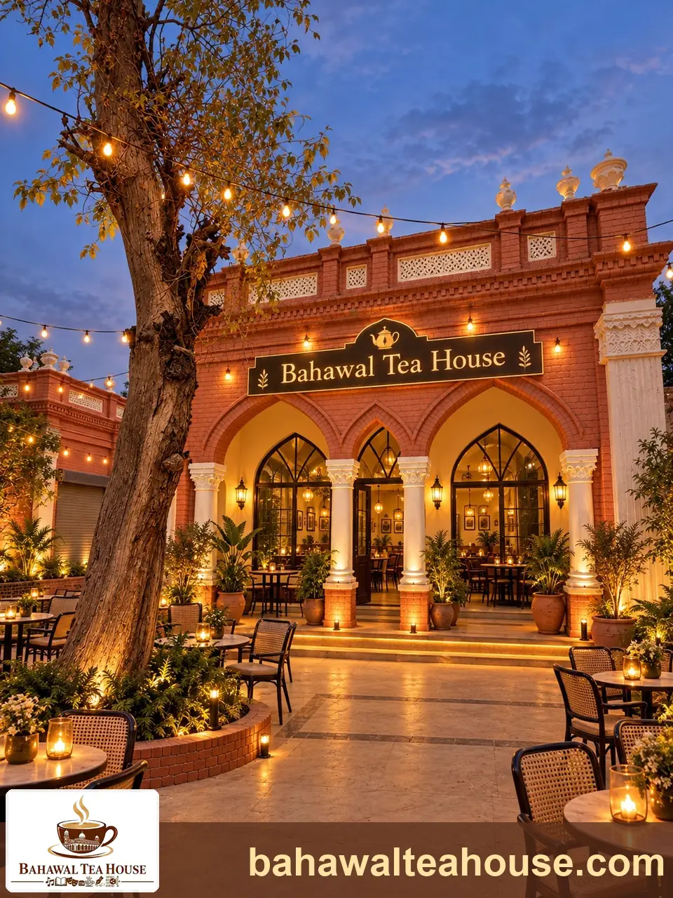 Concept impression of the Bahawal Tea House entrance with arches, signboard and fairy lights at dusk, Central Library Bahawalpur