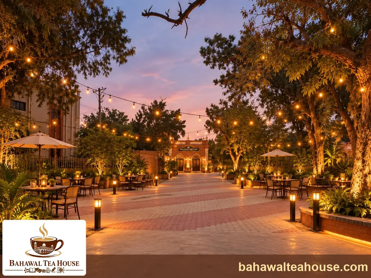 Concept impression of outdoor garden seating under trees and fairy lights at Bahawal Tea House, Central Library Bahawalpur