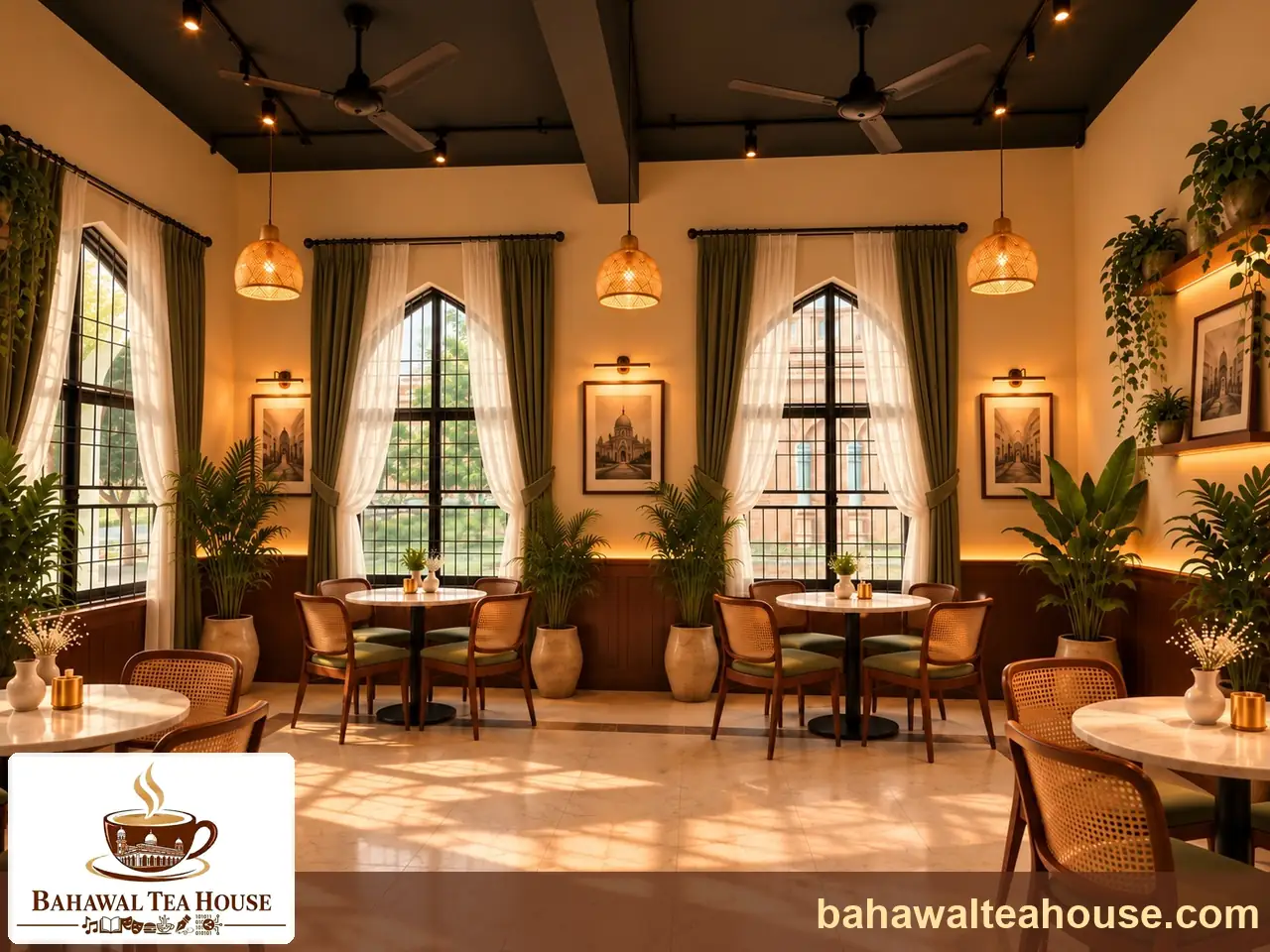 Concept impression of a quiet reading and student seating area with curtains and plants at Bahawal Tea House, Bahawalpur