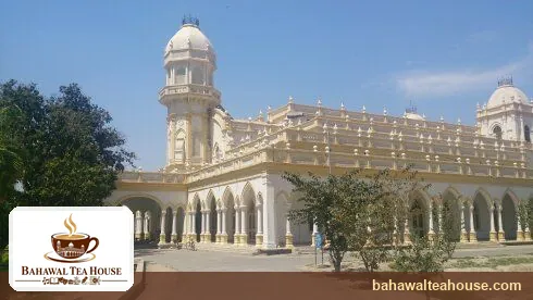 Historic Central Library Bahawalpur building seen across the lawn, tea house location